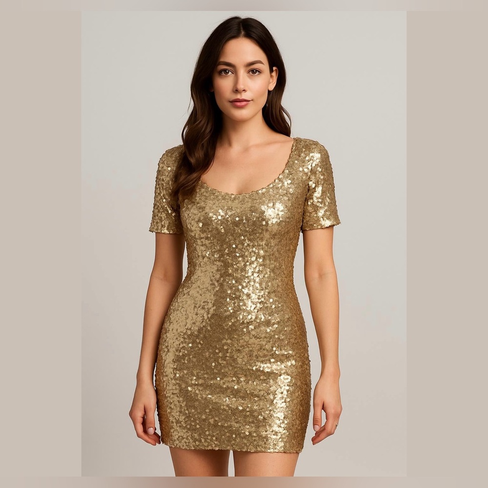 Ark & Co Gold Sequin Cocktail Dress Short Sleeve Party Midi Size S NWT
